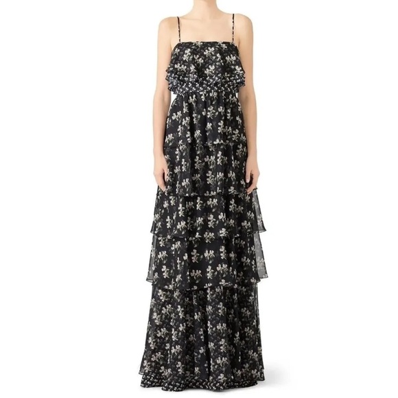 Jill Jill Stuart Black Floral Printed Kiera Ruffle Gown Sleeveless Square Neck 6 - Picture 1 of 9